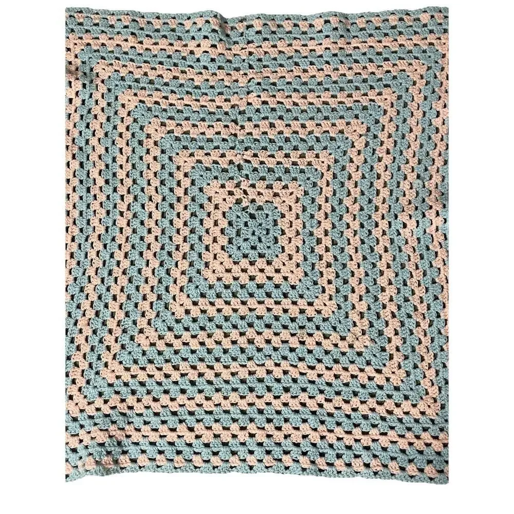 Handmade Pink & Blue Crochet Granny Square Baby Afghan Blanket 29x29
